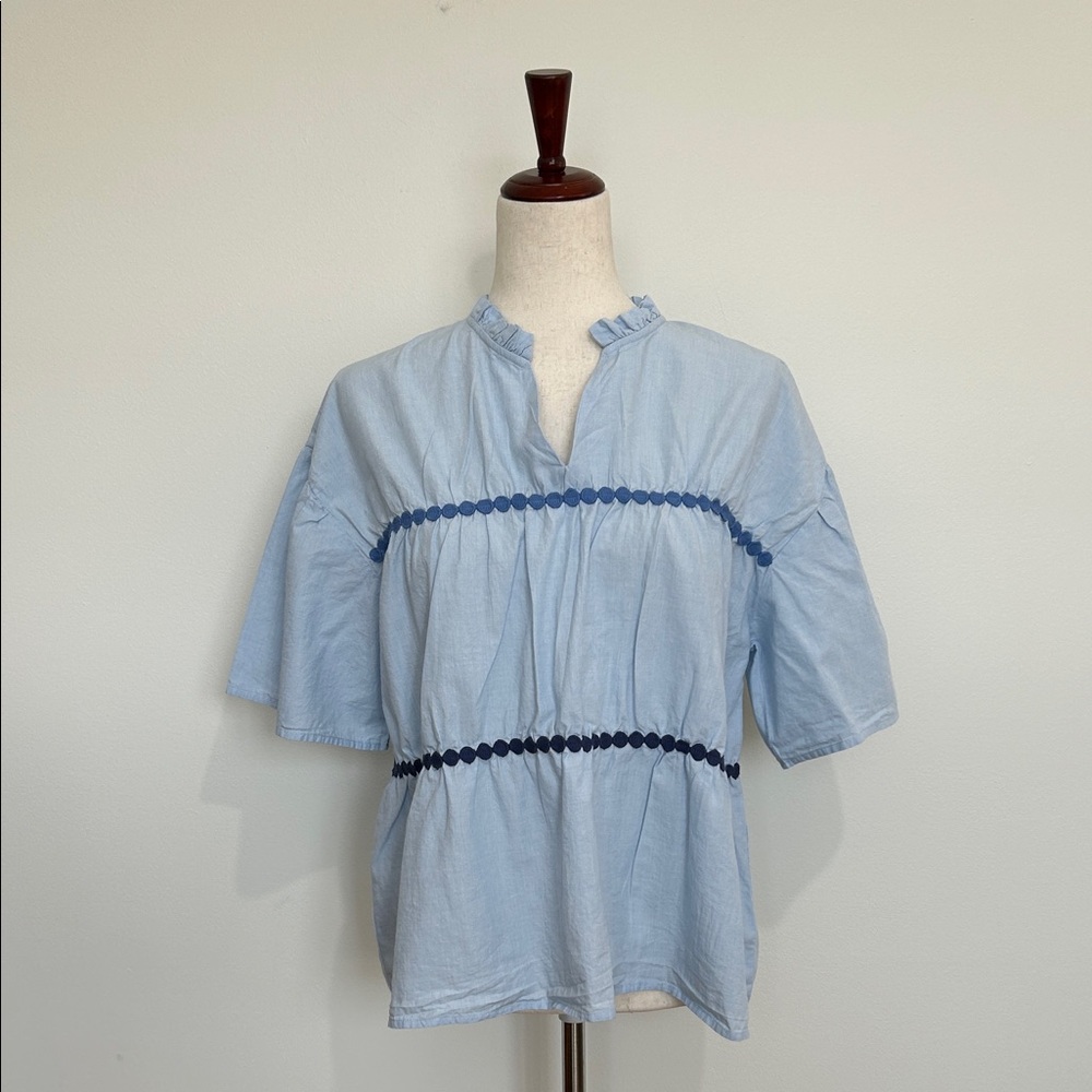 Simply Southern Light Blue Cotton Peasant Blouse with Navy Trim